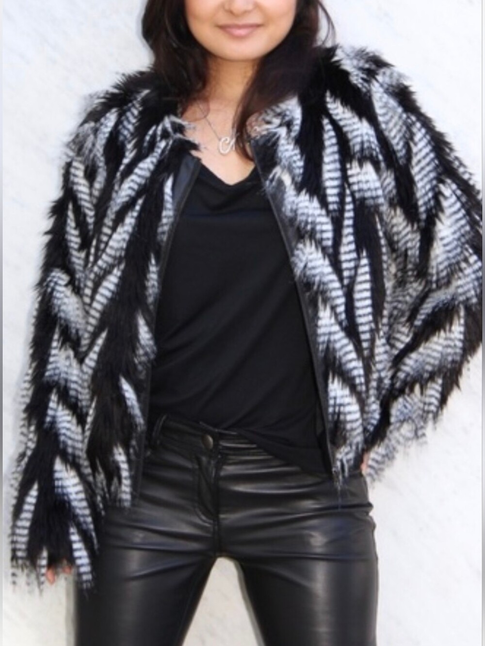 LEITH Black & White Bold Faux Fur Patterned Jacket - Women's Medium